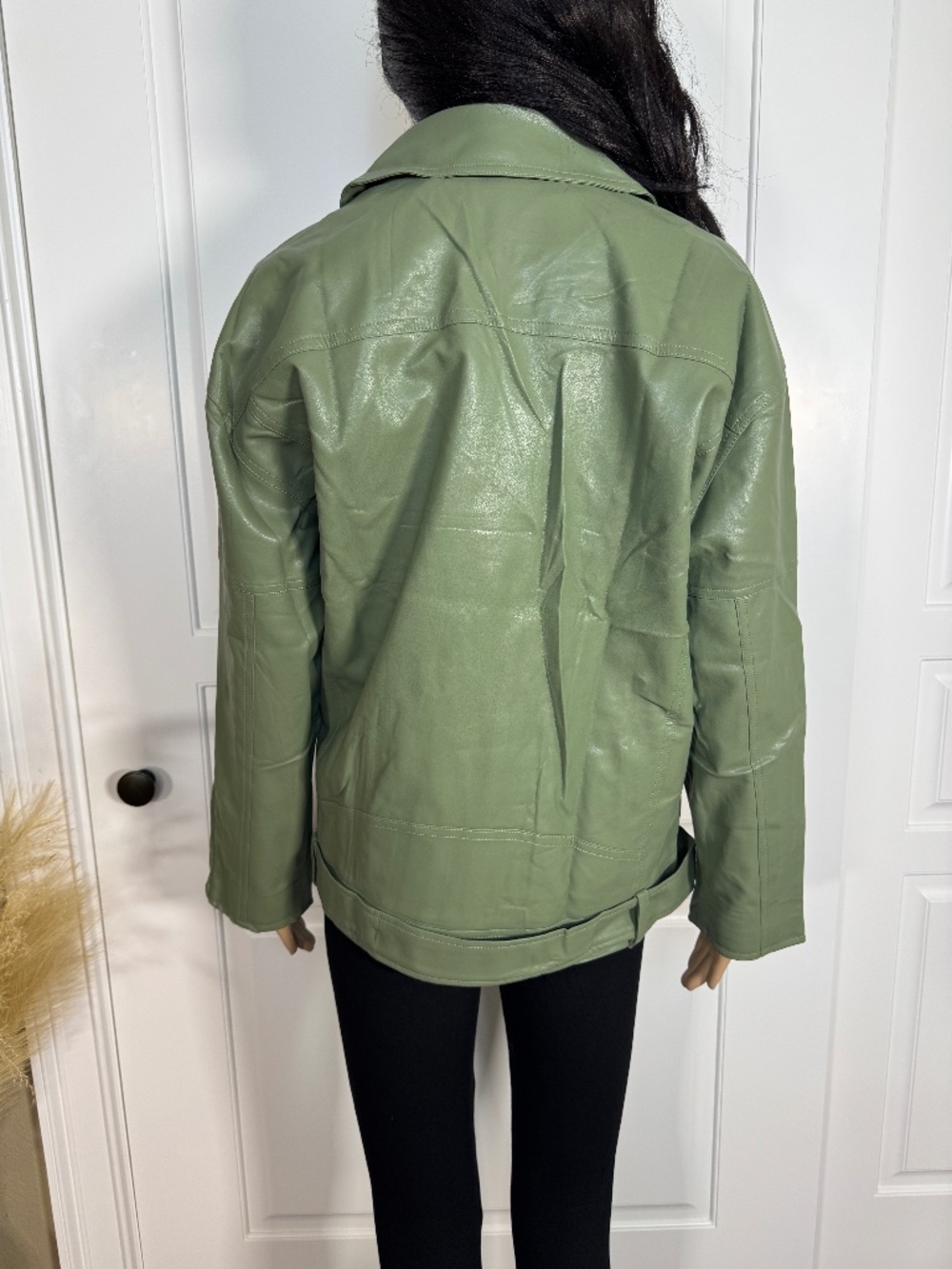 OLIVE GREEN ZIP UP FAUX LEATHER JACKET SIZE S/M - NWOT - Picture 12 of 16
